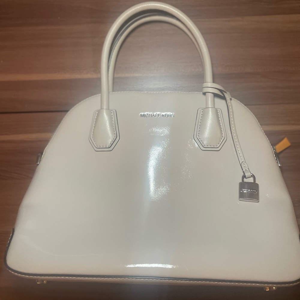Michael Kors Patent Leather Gray Dome Satchel Tote Bag Purse Short Handles